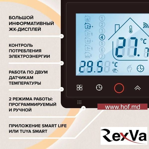 Пленочный теплый пол под ламинат Rexva PTC 220Вт/м&sup2; 1м&sup2; (0.5м х 2м) /220Вт с сенсорным программируемым терморегулятором TWE02 Wi-Fi белым или черным rexvaTWE02 фото