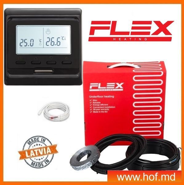 Теплый пол электрический Flex 0,5м&sup2;-0,6м&sup2;/ 88Вт (5м) нагревательный кабель под плитку 17,5 Вт/м с программируемым терморегулятором E51 белый или черный flexcabelE51 фото
