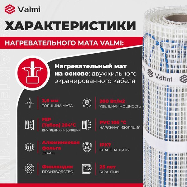 Теплый пол Valmi 200Вт/м&sup2; двухжильный нагревательный мат 0,5 м&sup2; /100Вт с программируемым терморегулятором AC819H valmimatAC819H фото