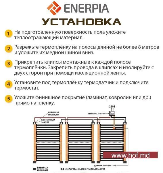 Инфракрасный пленочный теплый пол Enerpia 220Вт/м&sup2; 1м&sup2; (0.5м х 2м) /220Вт под ламинат с механическим терморегулятором AC308 белым или черным EnerpiaAC308 фото