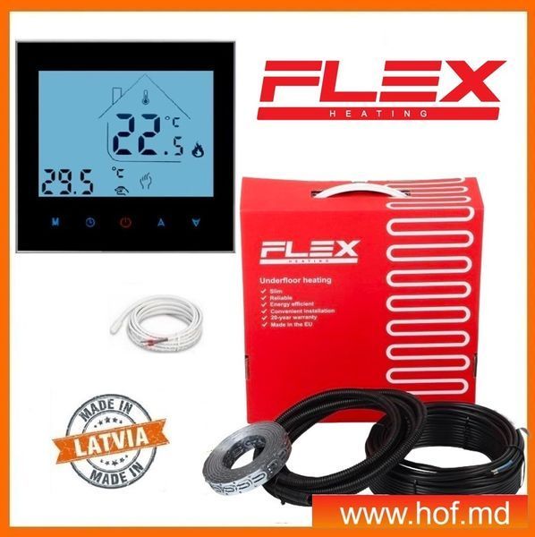 Теплый пол электрический Flex 0,5м&sup2;-0,6м&sup2;/ 88Вт (5м) нагревательный кабель под плитку 17,5 Вт/м с сенсорным программируемым терморегулятором AC605H белым или черным flexcabelAC605H  фото