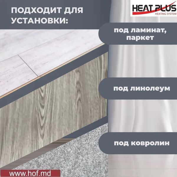 Пленочный теплый пол под ламинат Heat Plus 220Вт/м&sup2; 10 м&sup2; (0.5м х20м) /2200Вт с механическим терморегулятором AC308 белым или черным HeatPlusAC308 фото